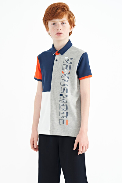 Tommylife Wholesale 7-15 Age Polo Neck Standard Fit Printed Boys' T-Shirt 11112 Gray Melange - Thumbnail