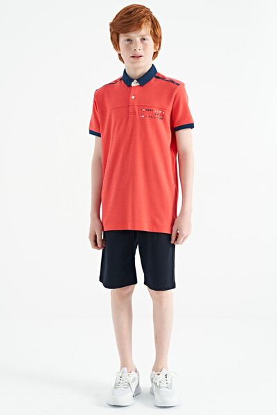 Tommylife Wholesale 7-15 Age Polo Neck Standard Fit Printed Boys' T-Shirt 11140 Coral - Thumbnail