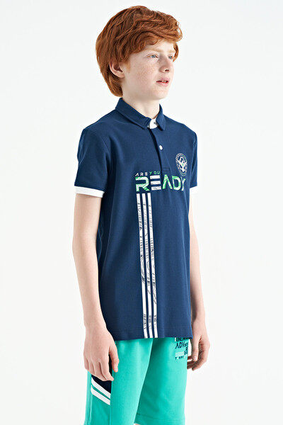 Tommylife Wholesale 7-15 Age Polo Neck Standard Fit Printed Boys' T-Shirt 11143 Indigo - Thumbnail