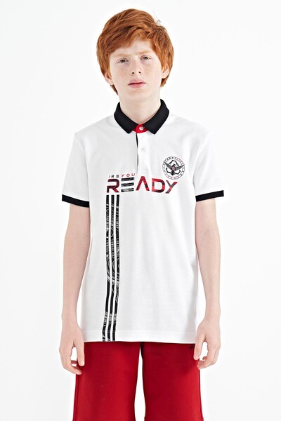 Tommylife Wholesale 7-15 Age Polo Neck Standard Fit Printed Boys' T-Shirt 11143 White - Thumbnail