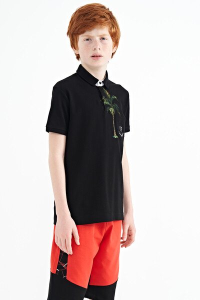 Tommylife Wholesale 7-15 Age Polo Neck Standard Fit Printed Boys' T-Shirt 11144 Black - Thumbnail