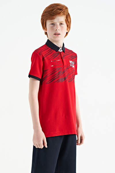 Tommylife Wholesale 7-15 Age Polo Neck Standard Fit Printed Boys' T-Shirt 11161 Red - Thumbnail