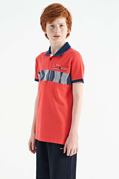 Tommylife Wholesale 7-15 Age Polo Neck Standard Fit Printed Boys' T-Shirt 11162 Coral - Thumbnail