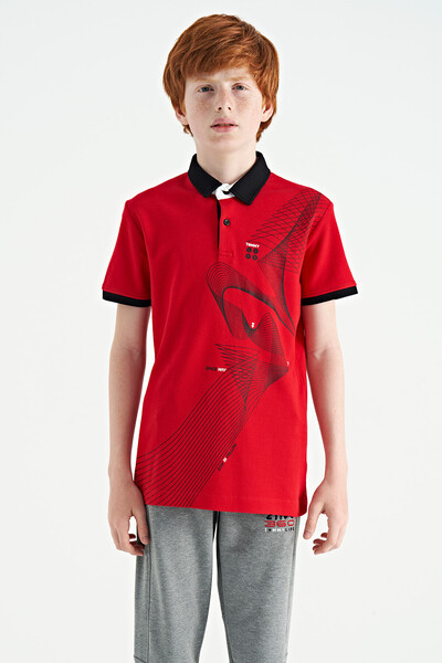 Tommylife Wholesale 7-15 Age Polo Neck Standard Fit Printed Boys' T-Shirt 11164 Red - Thumbnail
