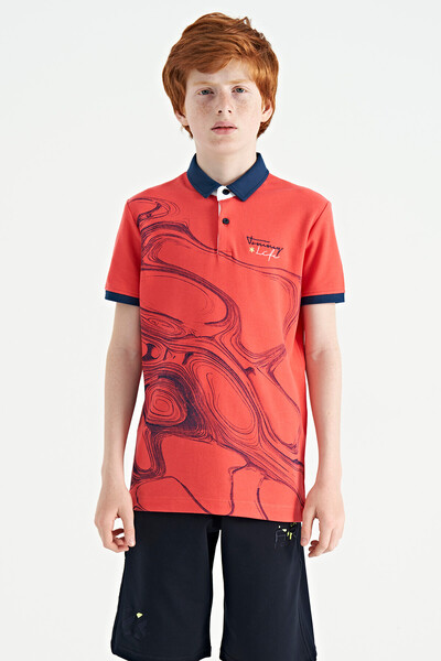 Tommylife Wholesale 7-15 Age Polo Neck Standard Fit Printed Boys' T-Shirt 11165 Coral - Thumbnail
