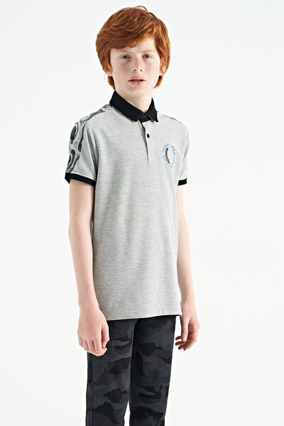 Tommylife Wholesale 7-15 Age Polo Neck Standard Fit Printed Boys' T-Shirt 11166 Gray Melange - Thumbnail