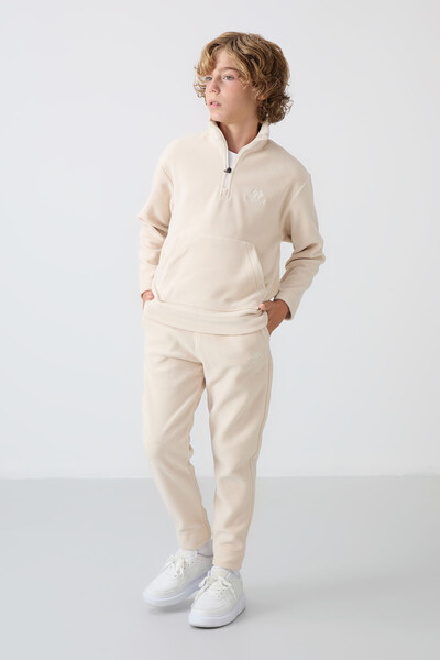 Tommylife Wholesale 7-15 Age Stand Collar Boys' Fleece Tracksuit Set 11218 Beige - Thumbnail