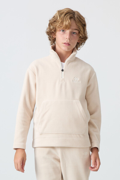 Tommylife Wholesale 7-15 Age Stand Collar Boys' Fleece Tracksuit Set 11218 Beige - Thumbnail