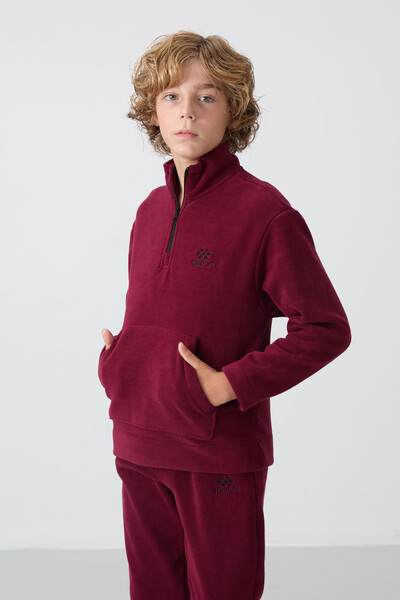 Tommylife Wholesale 7-15 Age Stand Collar Boys' Fleece Tracksuit Set 11218 Bordeaux - Thumbnail