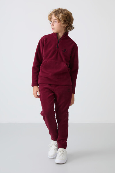 Tommylife Wholesale 7-15 Age Stand Collar Boys' Fleece Tracksuit Set 11218 Bordeaux - Thumbnail