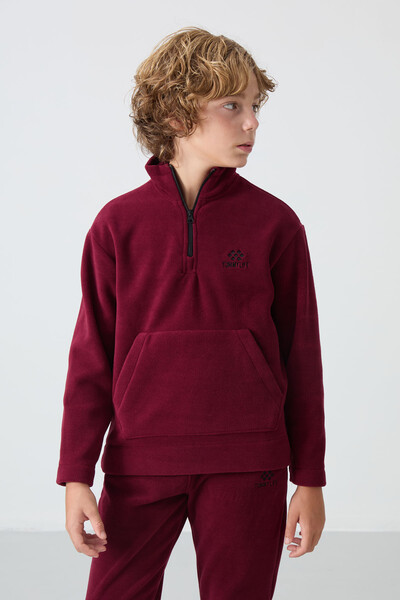 Tommylife Wholesale 7-15 Age Stand Collar Boys' Fleece Tracksuit Set 11218 Bordeaux - Thumbnail