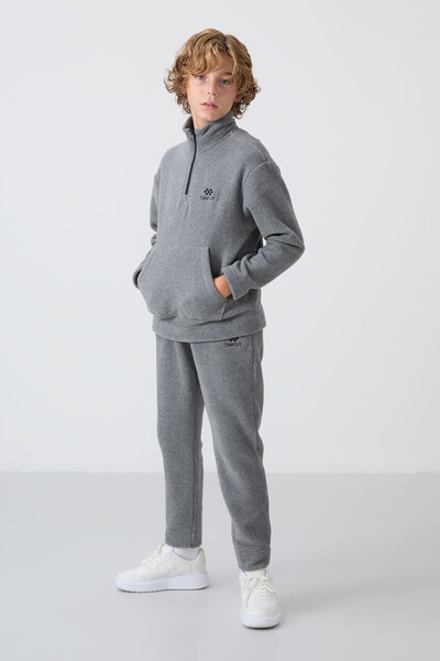 Tommylife Wholesale 7-15 Age Stand Collar Boys' Fleece Tracksuit Set 11218 Gray Melange - Thumbnail