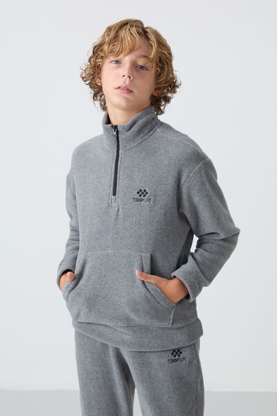 Tommylife Wholesale 7-15 Age Stand Collar Boys' Fleece Tracksuit Set 11218 Gray Melange - Thumbnail