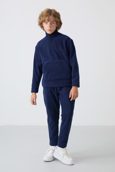 Tommylife Wholesale 7-15 Age Stand Collar Boys' Fleece Tracksuit Set 11218 Navy Blue - Thumbnail