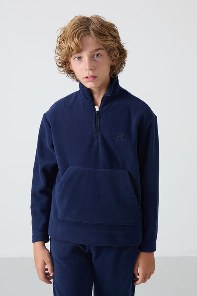 Tommylife Wholesale 7-15 Age Stand Collar Boys' Fleece Tracksuit Set 11218 Navy Blue - Thumbnail