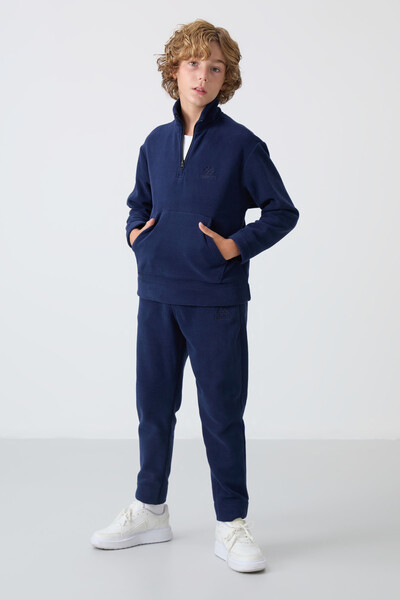 Tommylife Wholesale 7-15 Age Stand Collar Boys' Fleece Tracksuit Set 11218 Navy Blue - Thumbnail