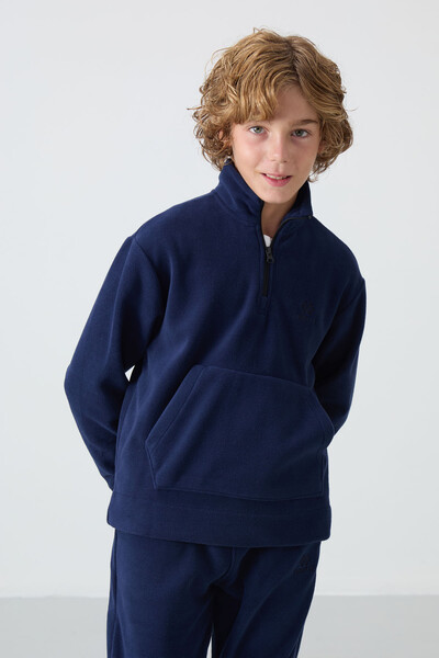 Tommylife Wholesale 7-15 Age Stand Collar Boys' Fleece Tracksuit Set 11218 Navy Blue - Thumbnail