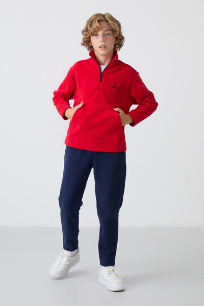 Tommylife Wholesale 7-15 Age Stand Collar Boys' Fleece Tracksuit Set 11218 Red - Navy Blue - Thumbnail