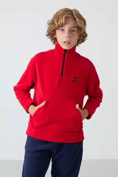 Tommylife Wholesale 7-15 Age Stand Collar Boys' Fleece Tracksuit Set 11218 Red - Navy Blue - Thumbnail