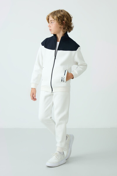 Tommylife Wholesale 7-15 Age Stand Collar Boys' Tracksuit Set 11240 Ecru - Thumbnail