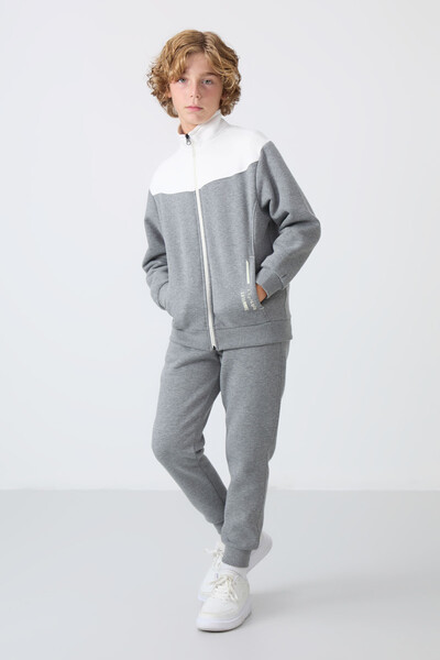 Tommylife Wholesale 7-15 Age Stand Collar Boys' Tracksuit Set 11240 Gray Melange - Thumbnail