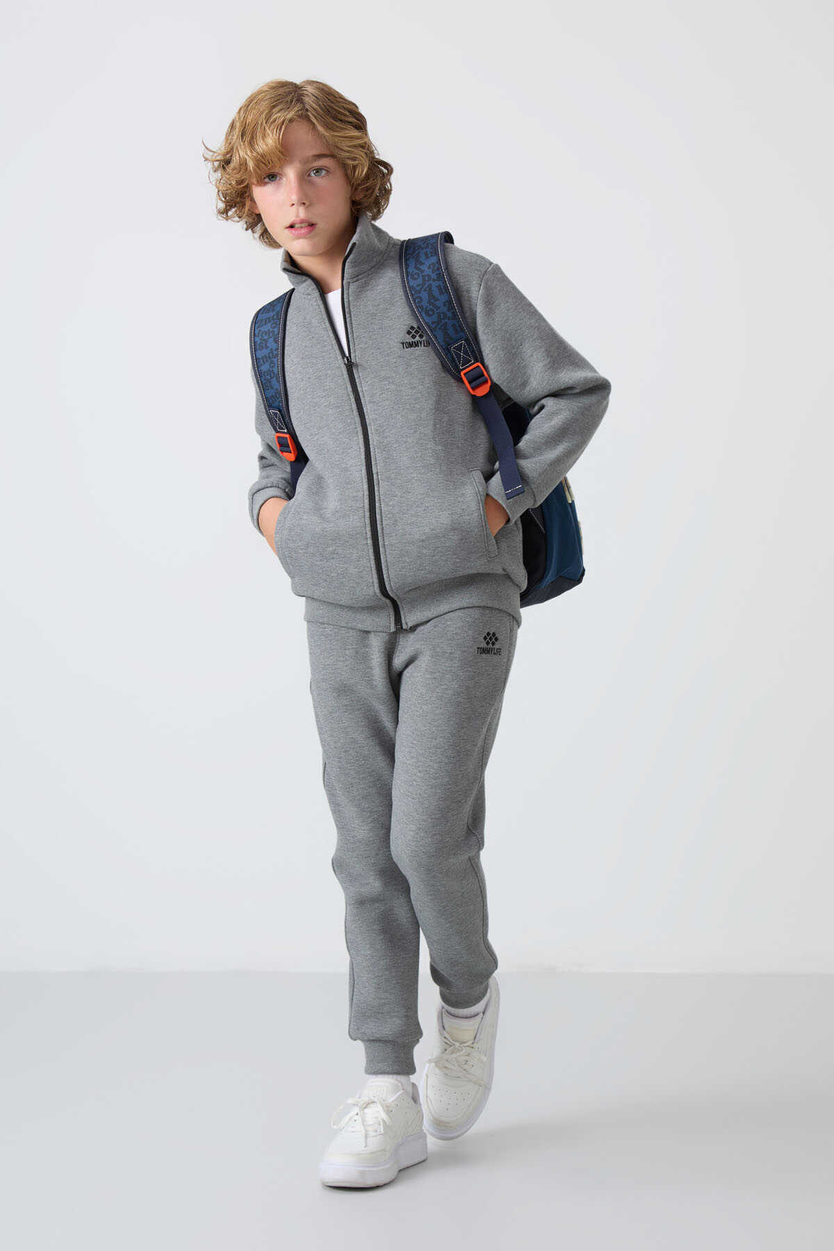 Tommylife Wholesale 7-15 Age Stand Collar Boys' Tracksuit Set 11256 Gray Melange - 1