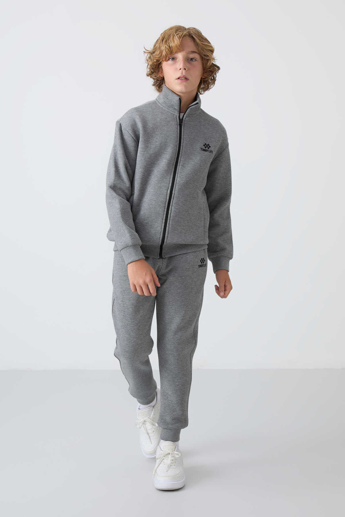 Tommylife Wholesale 7-15 Age Stand Collar Boys' Tracksuit Set 11256 Gray Melange - 2