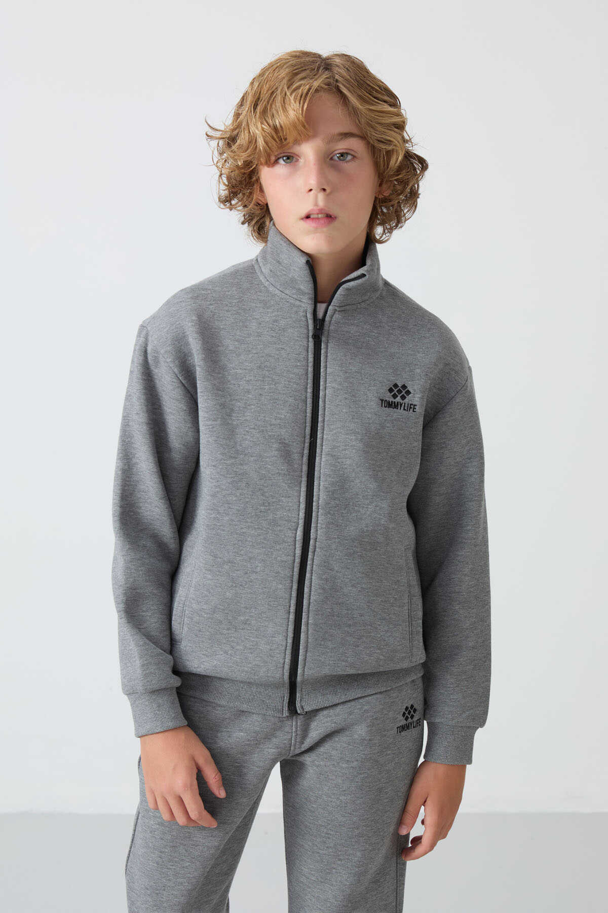 Tommylife Wholesale 7-15 Age Stand Collar Boys' Tracksuit Set 11256 Gray Melange - 3
