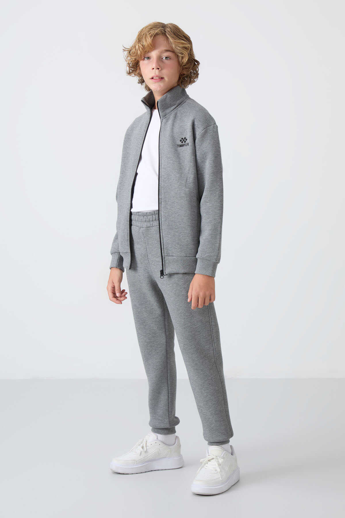 Tommylife Wholesale 7-15 Age Stand Collar Boys' Tracksuit Set 11256 Gray Melange - 6