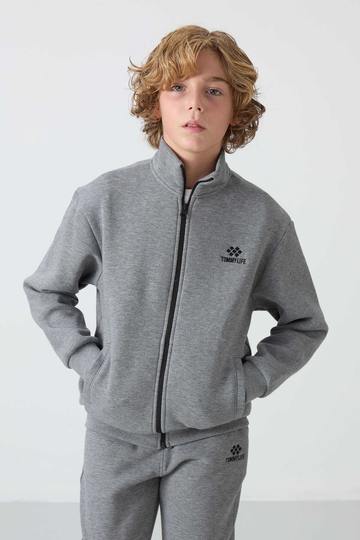 Tommylife Wholesale 7-15 Age Stand Collar Boys' Tracksuit Set 11256 Gray Melange - 7