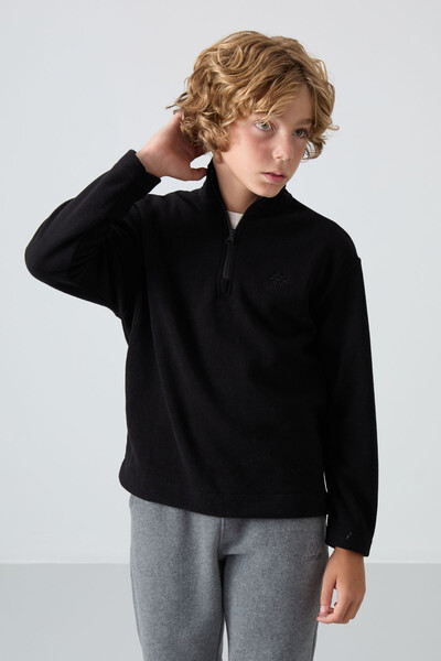 Tommylife Wholesale 7-15 Age Stand Collar Standard Fit Basic Boys' Fleece Sweatshirt 11221 Black - Thumbnail