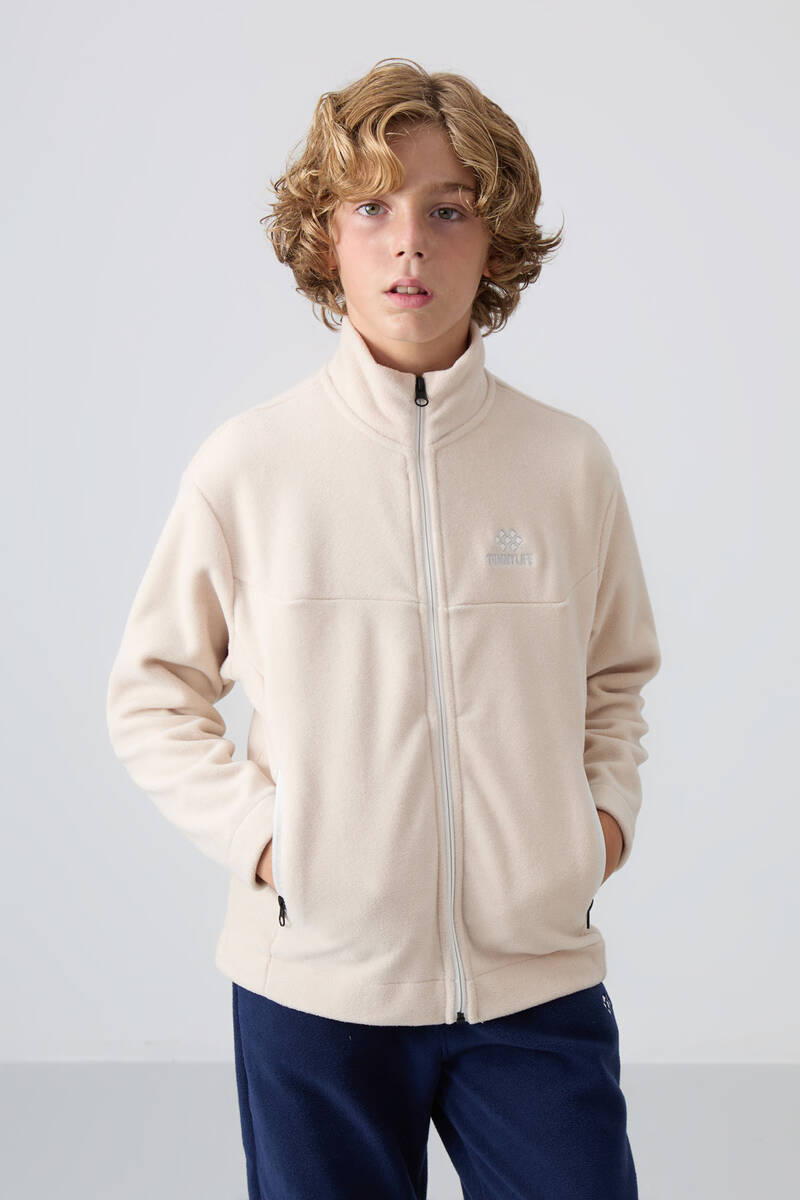 TommyLife - Tommylife Wholesale 7-15 Age Stand Collar Standard Fit Basic Boys' Fleece Sweatshirt 11223 Beige