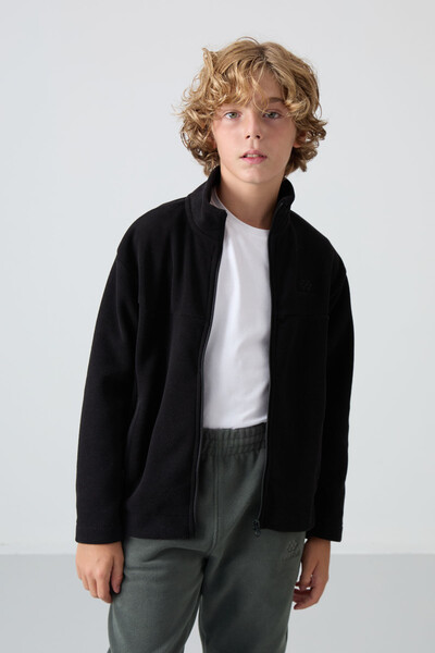 Tommylife Wholesale 7-15 Age Stand Collar Standard Fit Basic Boys' Fleece Sweatshirt 11223 Black - Thumbnail