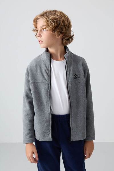 Tommylife Wholesale 7-15 Age Stand Collar Standard Fit Basic Boys' Fleece Sweatshirt 11223 Gray Melange - Thumbnail