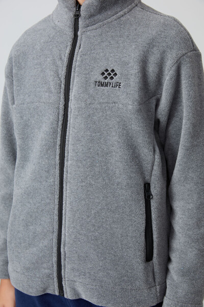Tommylife Wholesale 7-15 Age Stand Collar Standard Fit Basic Boys' Fleece Sweatshirt 11223 Gray Melange - Thumbnail