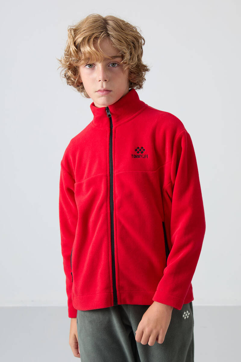 TommyLife - Tommylife Wholesale 7-15 Age Stand Collar Standard Fit Basic Boys' Fleece Sweatshirt 11223 Red