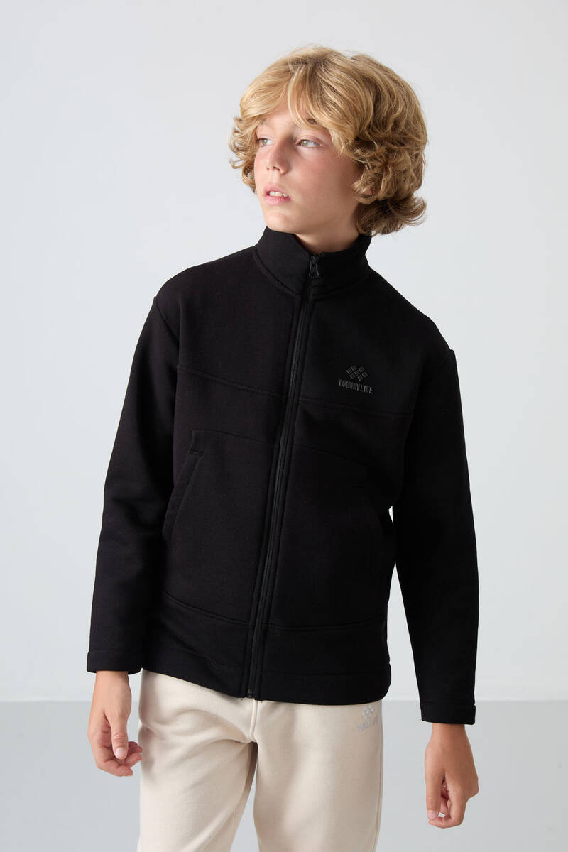 TommyLife - Tommylife Wholesale 7-15 Age Stand Collar Standard Fit Basic Boys' Sweatshirt 11245 Black