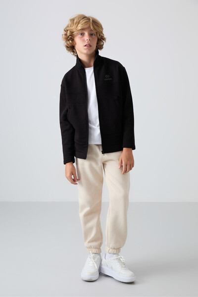 Tommylife Wholesale 7-15 Age Stand Collar Standard Fit Basic Boys' Sweatshirt 11245 Black - Thumbnail