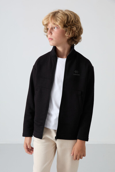 Tommylife Wholesale 7-15 Age Stand Collar Standard Fit Basic Boys' Sweatshirt 11245 Black - Thumbnail