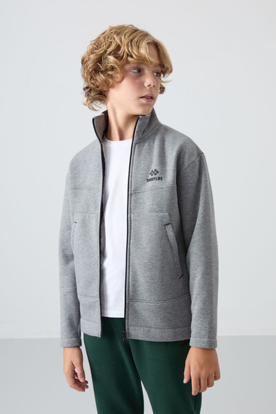 Tommylife Wholesale 7-15 Age Stand Collar Standard Fit Basic Boys' Sweatshirt 11245 Gray Melange - Thumbnail