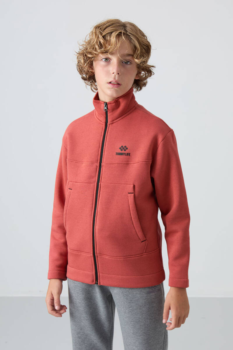 TommyLife - Tommylife Wholesale 7-15 Age Stand Collar Standard Fit Basic Boys' Sweatshirt 11245 Terracotta