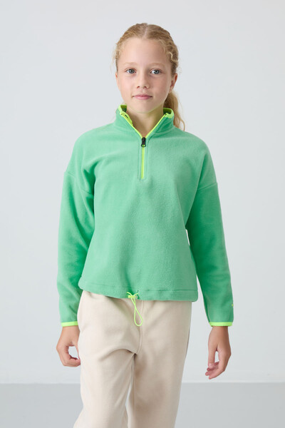 Tommylife Wholesale 7-15 Age Stand Collar Standard Fit Basic Girls Fleece Sweatshirt 75151 Aqua Green - Thumbnail