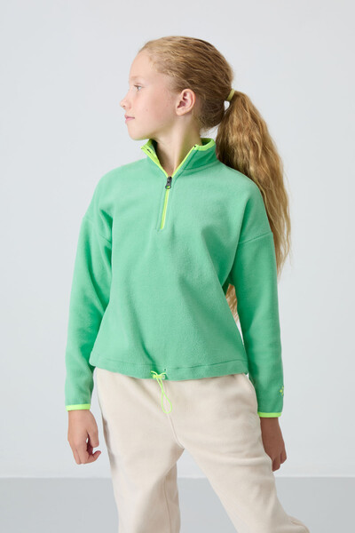 Tommylife Wholesale 7-15 Age Stand Collar Standard Fit Basic Girls Fleece Sweatshirt 75151 Aqua Green - Thumbnail