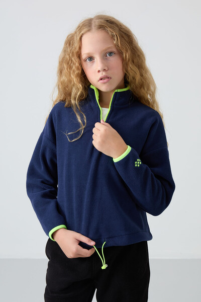 Tommylife Wholesale 7-15 Age Stand Collar Standard Fit Basic Girls Fleece Sweatshirt 75151 Indigo - Thumbnail