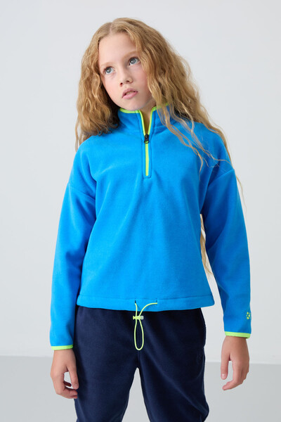 Tommylife Wholesale 7-15 Age Stand Collar Standard Fit Basic Girls Fleece Sweatshirt 75151 Saxe - Thumbnail