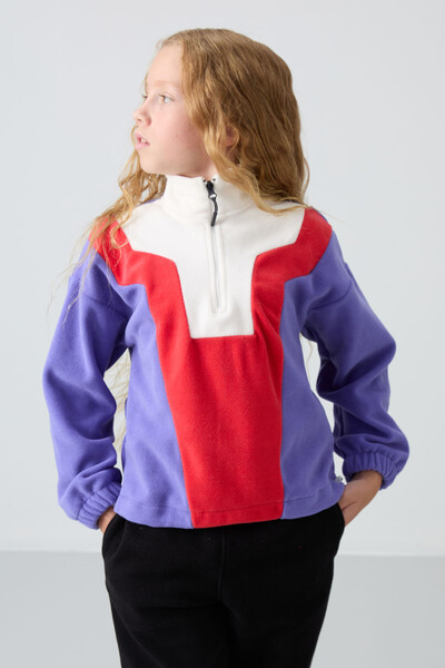 Tommylife Wholesale 7-15 Age Stand Collar Standard Fit Girls Fleece Sweatshirt 75153 Amethyst - Thumbnail