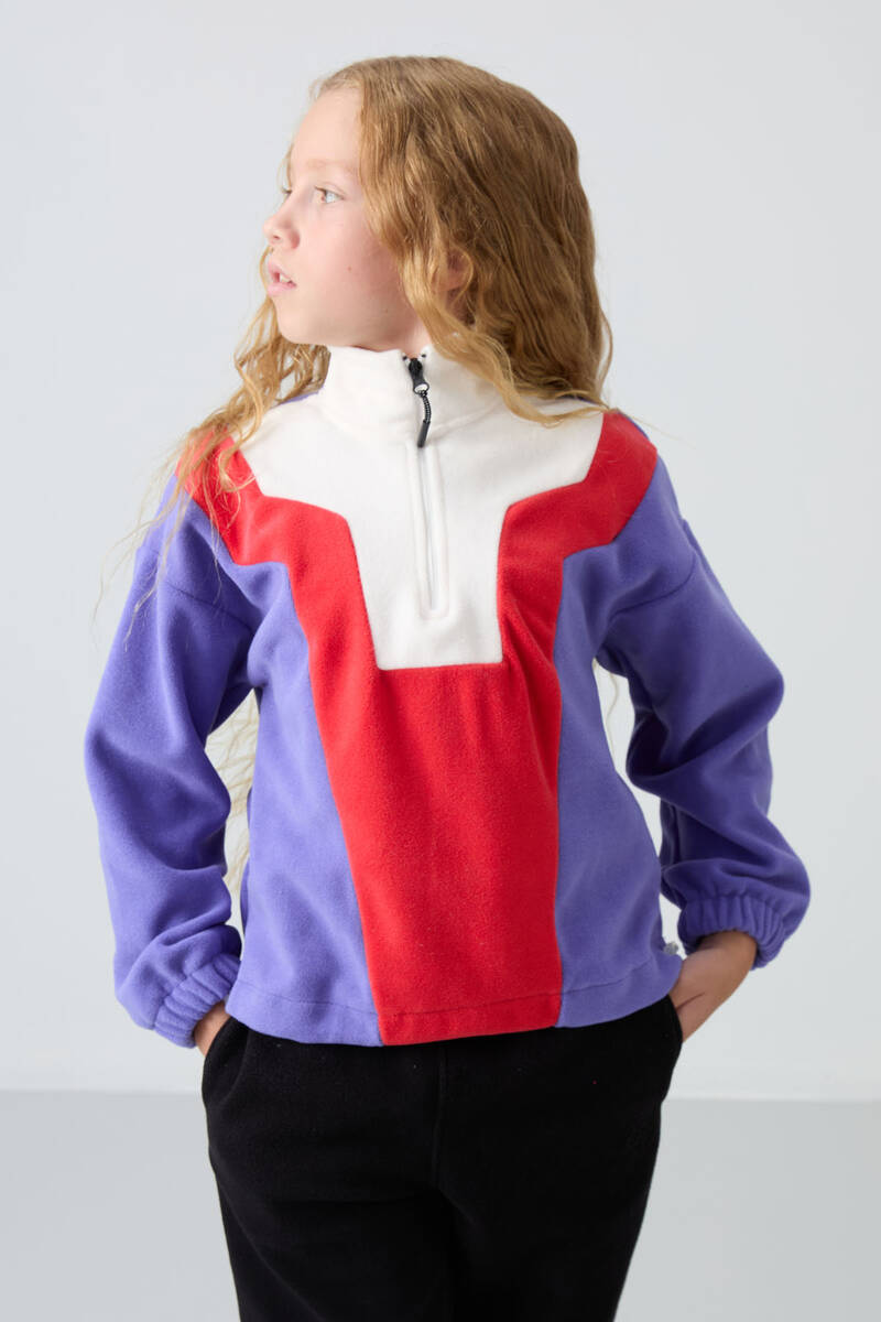 TommyLife - Tommylife Wholesale 7-15 Age Stand Collar Standard Fit Girls Fleece Sweatshirt 75153 Amethyst