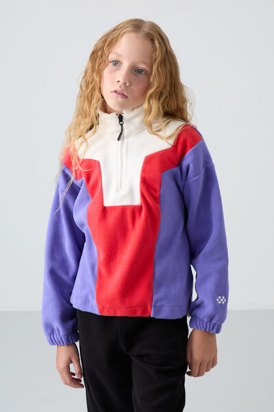 Tommylife Wholesale 7-15 Age Stand Collar Standard Fit Girls Fleece Sweatshirt 75153 Amethyst - Thumbnail