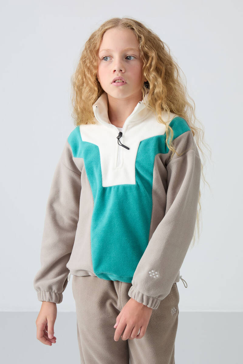 TommyLife - Tommylife Wholesale 7-15 Age Stand Collar Standard Fit Girls Fleece Sweatshirt 75153 Dark Beige