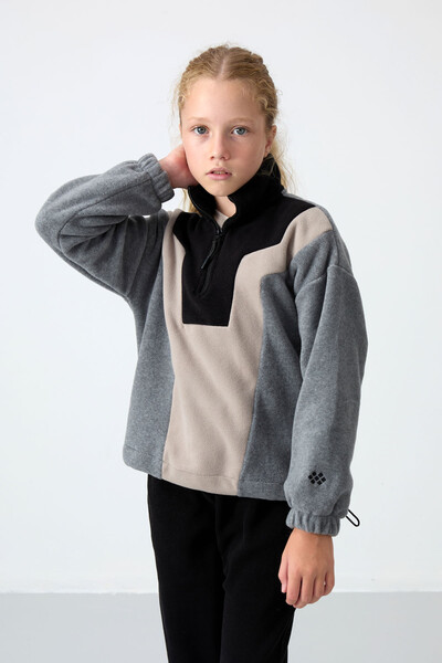 Tommylife Wholesale 7-15 Age Stand Collar Standard Fit Girls Fleece Sweatshirt 75153 Gray Melange - Thumbnail